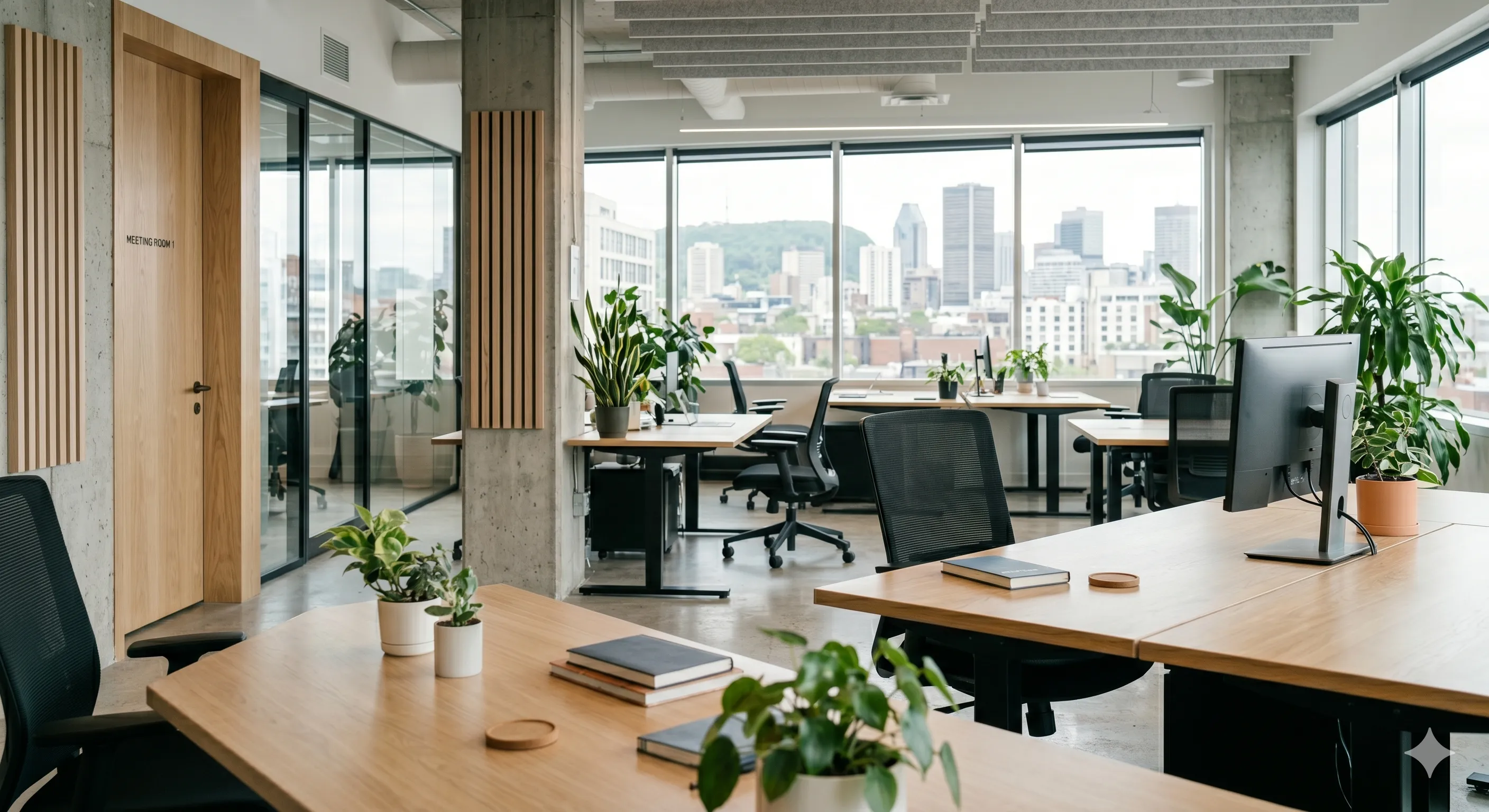 A modern collaborative office overlooking downtown Montréal
